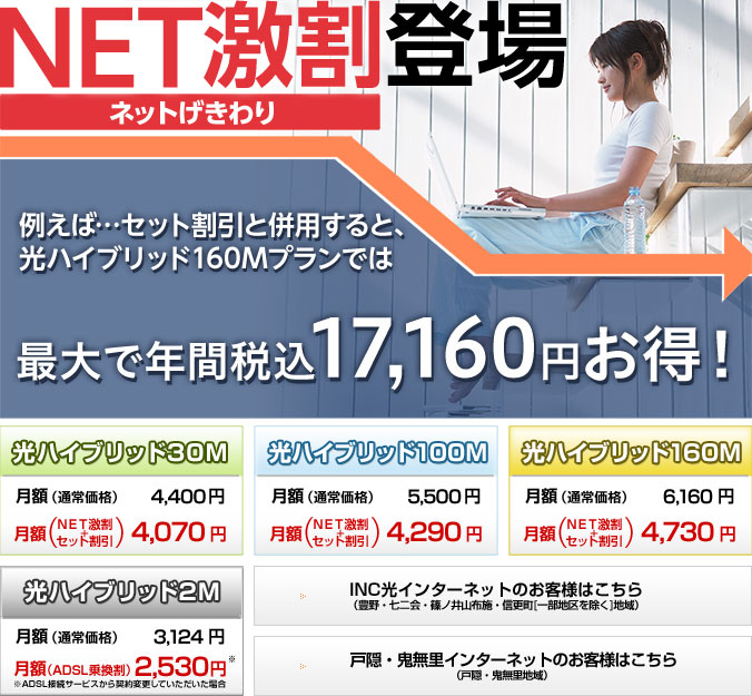 NET激割（ネット激割）登場
例えば…セット割引と併用すると、光ハイブリッド160Mプランでは最大で年間税込17,160円お得！
光ハイブリッド30M
月額（通常価格）4,400円
月額（NET激割+セット割引）4,070円
光ハイブリッド100M
月額（通常価格）5,500円
月額（NET激割+セット割引）4,290円
光ハイブリッド160M
月額（通常価格）6,160円
月額（NET激割+セット割引）4,730円
光ハイブリッド2M
月額（通常価格）3,124円
月額（ADSL乗換割）2,530円
※ADSL乗換割は、ADSL接続サービスから契約変更していただいた場合に適用。